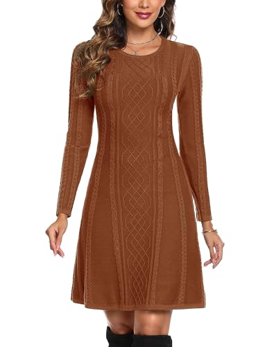 Aottori Vestido de Punto Mujer Suéter Manga Larga Cuello Redondo Elegante Casual Jersey Vestido Una Línea Otoño Invierno Marrón Camello XS