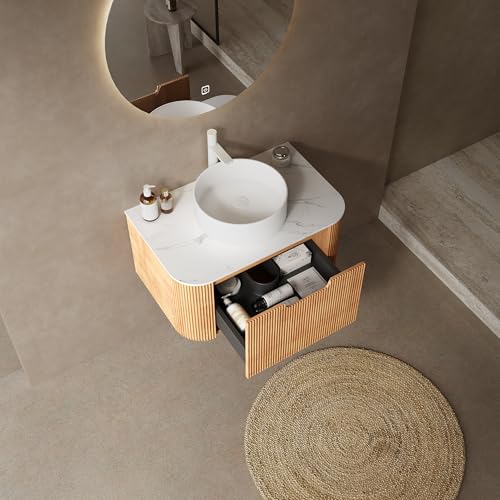 Image of KEIKI 30 inch Bathroom Vanity Cabinet with Sink Combo, Wall Mounted Curved Edges Striped Floating Bathroom Vanity with Soft-Close Drawer, White Round Ceramic Basin Without Faucet, Natural Wood