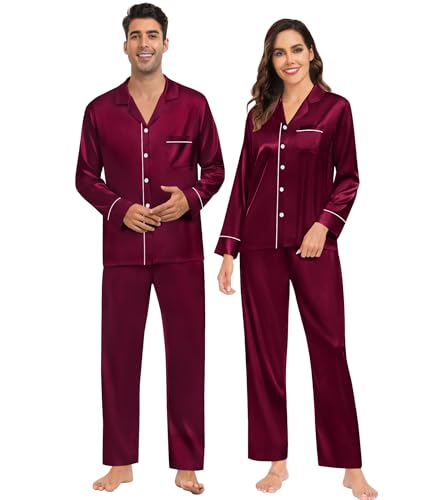 SWOMOG Matching Family Pajama Set Womens/Mens Long Sleeve Sleepwear Satin Silk Loungewear for Couple Button Down Pjs Set