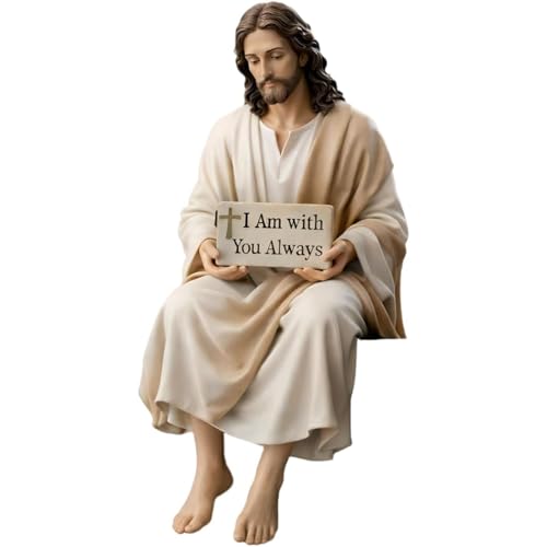 KIEYIQE Figura de Resina de Jesús para Escritorio, Estatua de Jesucristo sentada Hecha a Mano, Estatua Decorativa con el Mensaje Siempre Estoy contigo, decoración Religiosa sentada Hecha a Mano (1pc)