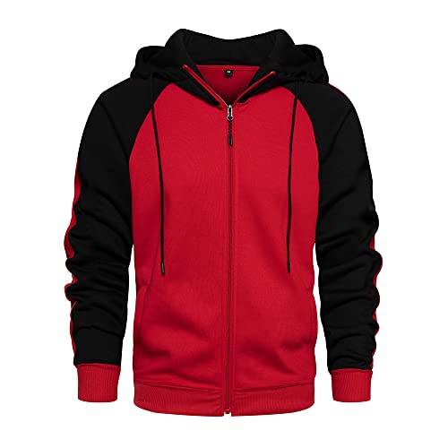Men's Zip-Up Hoodie Long Sleeve Casual Drawstring Color Block Vintage Fleece Sweatshirt with Pocket