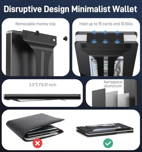 Image of Minimalist Wallet for Men, Slim Metal RFID Blocking Wallet Credit Card Holder Money Clip & Cash Strap, Scratch-Resistant Holds 15 Cards,Ideal Gift for Men | Matt Black