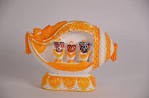 Image of Jagannath Balaram Subhadra by for Car Dashboard Idols for Gift Home Decor Idols for Pooja (13 cm White & Orange Shankh Design Jagannath Balaram Subhadra Idol Statue)