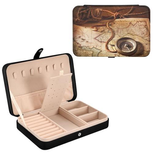Haskirky Map Rope Jewelry Box Portable PU Leather Travel Jewelry Organize for Women Jewelry Storage Display Holder for Ring, Necklace, Earring