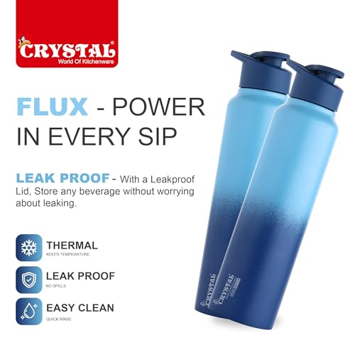 Image of Crystal Aqua 1000 Stainless Steel Water Bottle, Leakproof Lid, Single Walled, ISI Certified I For School, Office, Gym I Light & Dark Blue | Pack of 2