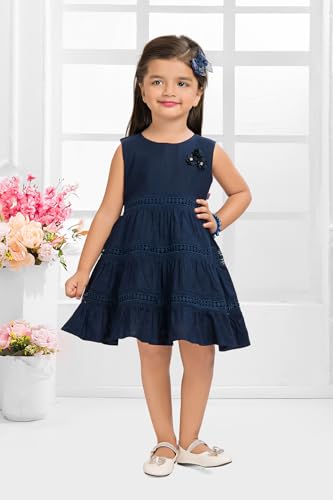Image of Soft Cotton Lace Work Knee Length Fit & Flare Dress for Kids & Girls, Flower Embellished Frock for Casual & Special Occasion