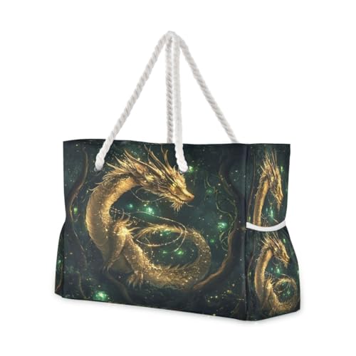 Large Beach Bags Totes Canvas Tote Shoulder Bag The Golden Dragon Water Resistant Bags for Gym Travel Daily