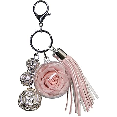 Preserved Real Rose Flower in a Acrylic Ball, with 3 Pearls and Tassels and Key chain, a Decor for handbag, a Gift for Sister, Girls, Mother's Day, Valentine’s Day, Anniversary, Birthday (Pink) Cover
