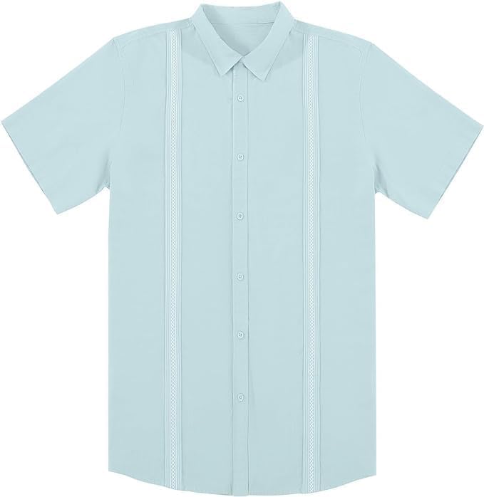 Image of JEKAOYI Mens Casual Linen Cotton Button Down Short Sleeve Shirts Cuban Camp Guayabera Beach Tops