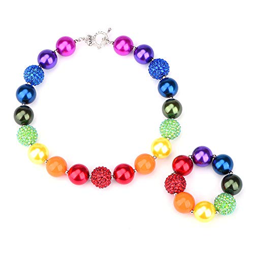 Bling Bling Chunky Bubblegum Necklace Rainbow Fashion Beads and Bracelet Set with Gift Box