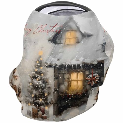 Nursing Cover for Breastfeeding Scarf, Oil Painting Snow Santa Claus House Illustration Baby Car Covers Super Soft Multi Use for Canopy Shopping Cart Cover Blanket Stroller Cover