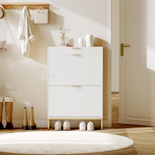 Garvee Fluted Shoe Storage Cabinet with 2 Flip Drawers, Slim Wood Shoe Organizer, Narrow Entryway Furniture with Storage for Small Spaces, Hallway Entrance Apartments, White