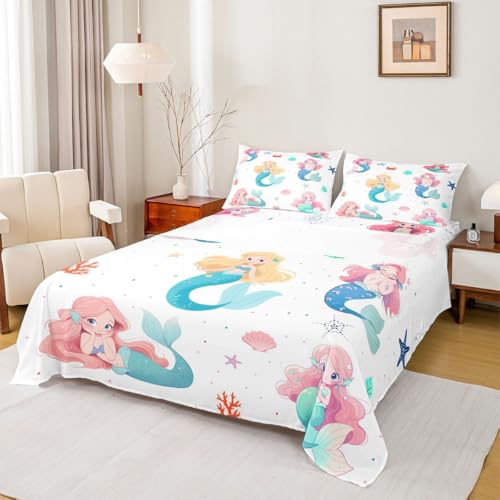 Image of jejeloiu Mermaid Bed Sheets Set Full Size Mermaid Tail Deep Pocket Fitted Sheet Sea Animal Bedding Sets Ocean Theme Soft Bed Set 4Pcs with 2 Pillow Cases