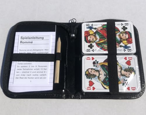 Generisch Romme Karten Gold Edition 2 x 55 Karten Format 59 x 91 mm + Bleistift + Block + Regelheft im Edlen schwarzem Kunstleder Etui ebenso für Canasta und Bridge + Poker + Skat ab 10 Jahren