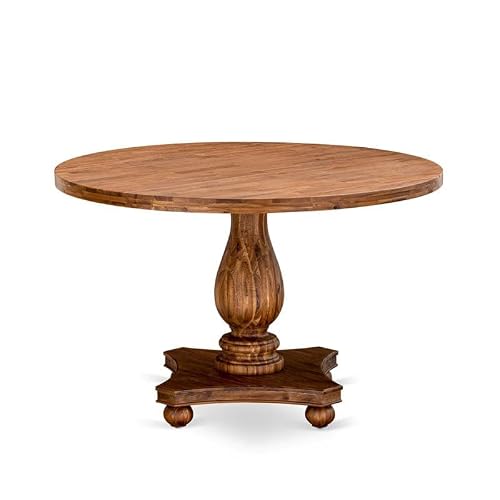 East West Furniture Irving Rustic Farmhouse Round Dining Table Top With Pedestal Base, 48X48 Inch, Sandblasting Antique Walnut #TOP3