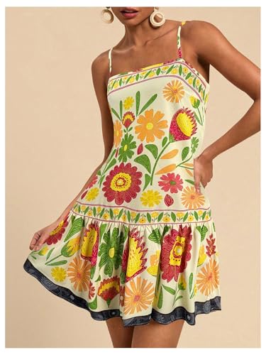 Image of RoseSeek Women's Floral Boho Flowy Mini Cami Dress Ruffle Hem Spaghetti Strap Vacation Tank Dresses