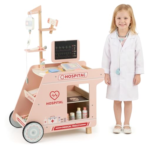 COSTWAY Centre Médical Enfant en Bois avec Machine CT et Films Radiographiques, Chariot Médical Enfant Rose avec 23 Accessoires, Thermomètre Stéthoscope...