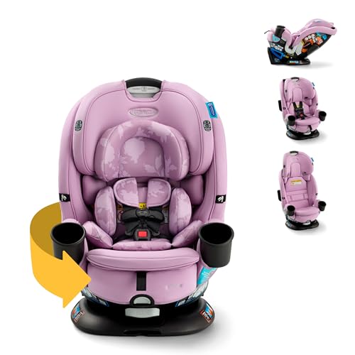 Image of Graco Turn2Me 3-in-1 Rotating Convertible Car Seat, Lilac Mod, Rear-Facing Rotation, Forward-Facing Mode, Highback Booster Up to 100 lbs, Adjustable Headrest & Harness, Steel Reinforced Frame