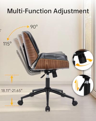 Image of Home Office Chair No Arms,Armless Adjustable Height Small Desk Chair,PU Leather Swivel Computer Chair with Wheels,Mid-Century Modern Walnut Mid Back Chair for Office, Reading Room,Bedroom(Black)