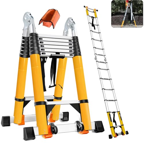 18FT Telescoping Aluminum A-Frame Ladder - EN131 Approved, 330lbs Capacity, Foldable to 39", w. Balance Bars & Wheels, Portable Metal Ladder for Car Trunk, 7+7 Foot Adjustable Step Ladders