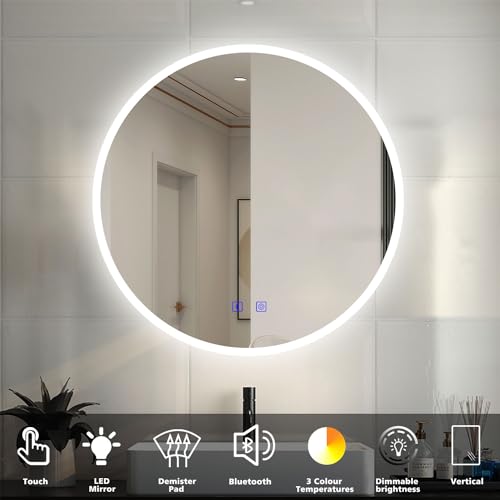 Round LED Bathroom Mirror with Bluetooth Speaker 600mm Dimmable Switch 3 Colors and Demister Pad Touch Control Decorative Circle IP44 - Image 2