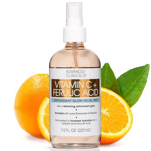 Advanced Clinicals Vitamin C Face Toner W/Ferulic Acid & Rosewater, Antioxidant Facial Mist Spray For Face, Skin Refreshing, Hydrating, & Non-Greasy Instant Hydration Facial Spray, Large 8 Fl Oz