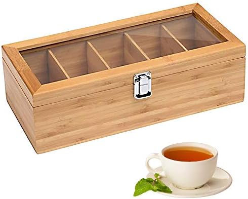 CMOISO Tea Box Bamboo, Tea Storage Box, 5-Compartment Multifunctional Wooden Tea, Tea Bag Storage Box with Transparent Lid
