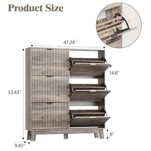 Image of HUANLEGO Shoe Cabinet Storage for Entryway with 6 Flip Drawers, Fluted Narrow Shoe Organizer with Wooden Legs, Freestanding Slim Shoe Storage Hidden Shoe Rack Organizer for Front Door Entrance, Grey