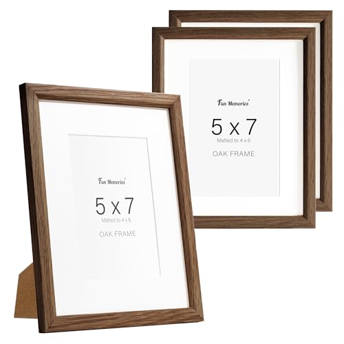 Fun Memories 5x7インチ オークフォトフレーム 壁用 5x7インチ マット仕上げ 4x6インチ 無垢材フォトフレーム ウォールアート写真やプリント用 (ウォールナット、3パック)