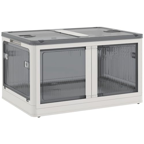 HOMCOM Caja de Almacenamiento Apilable con Tapa 69L Caja Organizadora Plegable con Ruedas Contenedor de Plástico con Acceso a 5 Lados 60x42x34 cm Blanco