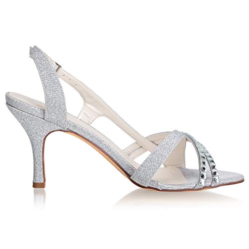 JIAJIA 14118 Women's Bridal Shoes Open Toe 3.14'' Stiletto Mid Heel Crystals Satin Pumps Heel Sandals - Image 4