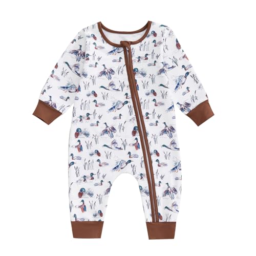 Infant Baby Boy Girl Mallard Duck Romper Jumpsuit Long Sleeve Zip Up Duck One Piece Overalls Hunting Baby Clothes (Brown, 3-6 Months)