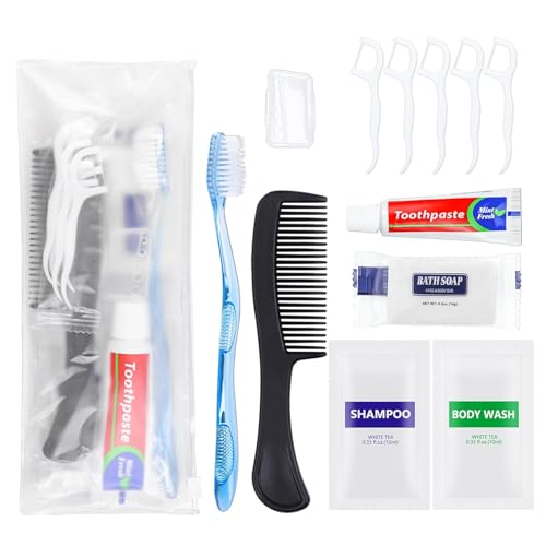 HQSLsund 100 Set Personal Hygiene Kit, Disposable Toothbrushes with Toothpaste Floss Comb Soap and Cover Bundle with 100 Shampoo, 100 Body Wash
