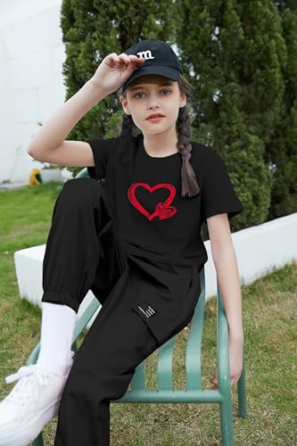 Image of Betusline Girls 2 Piece Summer Outfits,Black Heart Cute Short Sleeve Crop Tops + Black Cargo Jogger Pants Clothes,13-14 Years = Tag 170