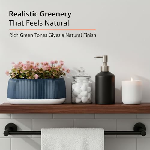 Image of amazon basics Pink Flowers with Blue and White Plastic Pot | Realistic 20 cm Greenery | Durable Plastic | Stylish & Compact | Zero Maintenance | Indoor, Outdoor, Home & Office Decor