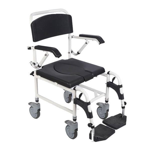 Attendant controlled Wheeled mobile commode shower chair with footrests and flip up armrests