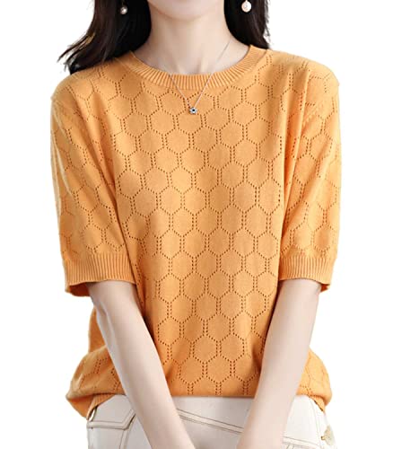 Image of Summer Hollow Out T-Shirt Women's Short Sleeve Sweater Cotton Knitted O-Neck Lightweight Pointelle Breathable Tops