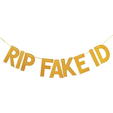 Funny 21st Birthday Decorations for Him Her Gold Glitter Pre-Strung 21st Birthday Banner for Him Rip Fake ID Backdrop Twenty One Birthday Party Supplies Favors for Men and Women - No DIY Needed Cover