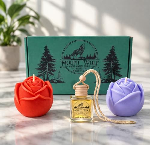Image of Scented Rose Candle Combo Pack - 2 Rose-Shaped Candles + Hanging Car Diffuser | Decorative Aromatic Candles for Home, Car & Gifting | 4 Hour Burn | Pink & Purple