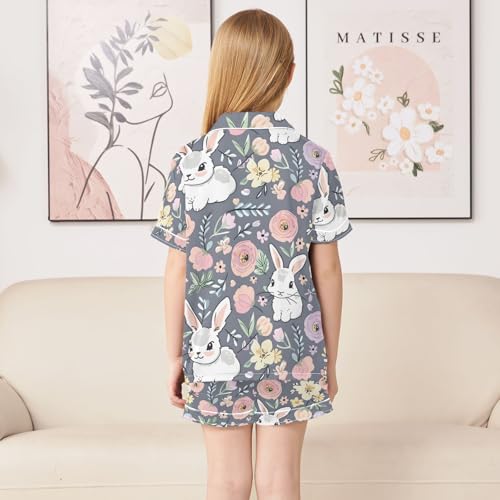 ALAZA Cute Rabbit Bunny Flower Easter Pajamas Satin Pajama Set Short Sleeve Button Down Sleepwear4