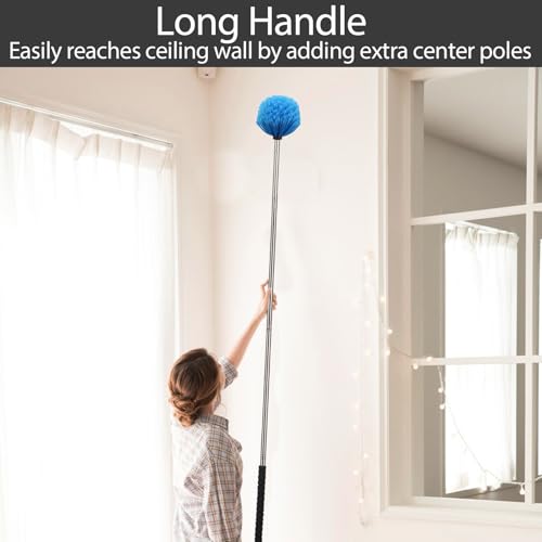 Image of Cobweb Duster with Extension Pole - Outdoor Spider Web Cleaner with Long Handle for High Ceiling and Wall Duster - 5ft Web Remover and Dusting Brush - House Cleaning Tool