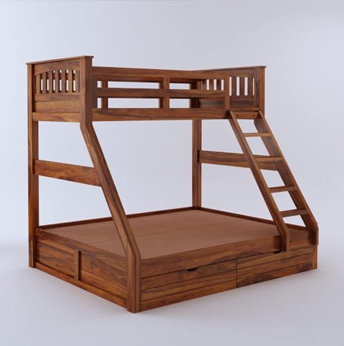 Image of Custom Decor Sheesham Wood Bunk Bed | Wooden Double Bed Bed Furniture for Bedroom | Living Room | Home (Taper-N)