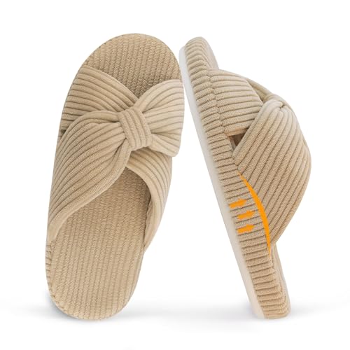 Image of MAJOALLURE Women's Arch Support Slippers for Plantar Fasciitis Orthopedic Corduroy Crossband Memory Foam House Shoes Open Toe Bow Slide for Gift