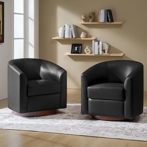 Image of HULALA HOME Faux Leather Swivel Accent Chairs Set of 2 with Solid Wood Base, Round Swivel Barrel Chairs for Living Room and Bedroom, No Assembly Required, Black