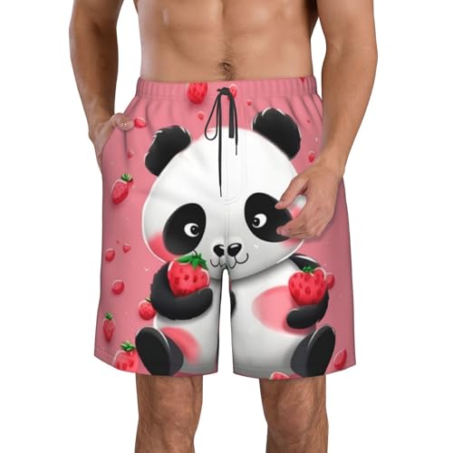 Cartoon Strawberry Panda Men's Swim Trunks Quick Dry Board Shorts with Pockets Casual Drawstring Beach Shorts