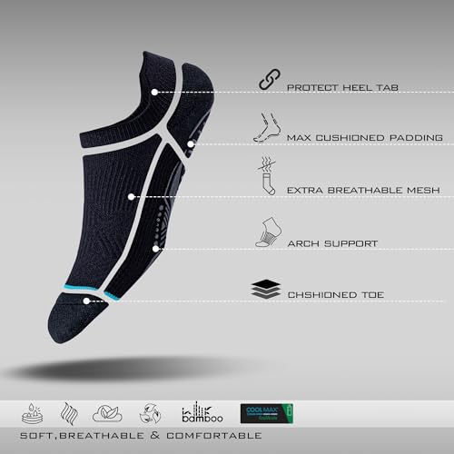 BRISIRA Bamboo Viscose Non Slip Pilates Socks Men Women No Show Grip Compression Thick Cushion Yoga Barre Grippy Ankle3