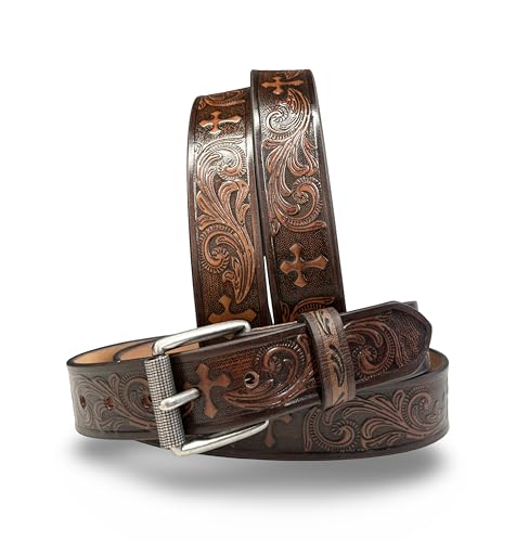 Cross Western Leather Belt for Men Tooled Full Grain Cowhide Leather Handmade Cowboy Belt with Buckle 1.5” Wide