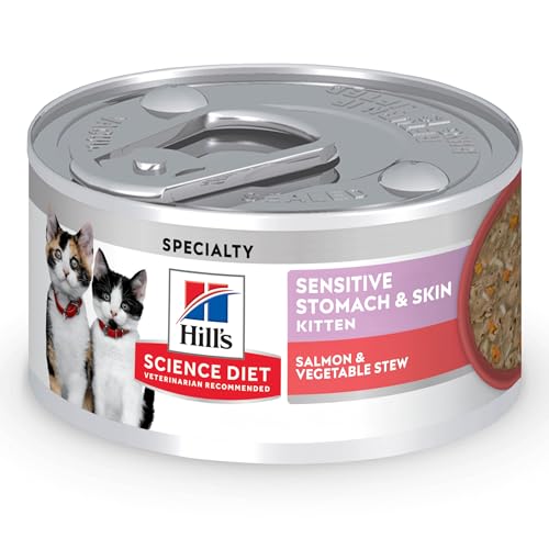 Hill’s Science Diet Sensitive Stomach & Skin, Kitten, Stomach & Skin Sensitivity Support, Wet Cat Food, Salmon & Vegetables Stew, 2.8 oz Can, Case of 24