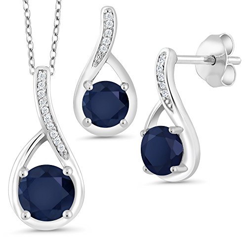 Gem Stone King 925 Sterling Silver Round Blue Sapphire And White Diamonds Pendant Earrings Set For Women (2.34 Cttw, Gemstone Birthstone, With 18 Inch Silver Chain) #TOP12