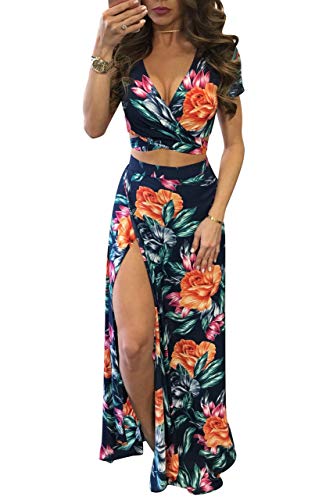 WOKANSE Women's Sexy 2 Piece Outfits Summer Beach Boho Floral Dress V Neck Crop Tops and High Split Maxi Skirt Sets